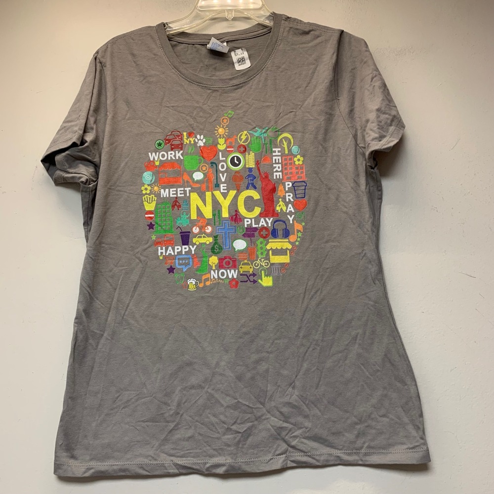 Port & Company NYC Apple Graphic T-Shirt Ladies Large Grey Excellent Cotton Tee